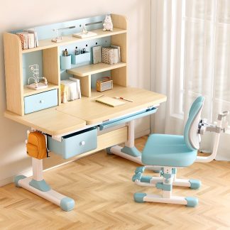 "Adaptable Height Natural Finish Timber Kids Computer Desk with Damp-proof Locker, Shelf, and Hutch"