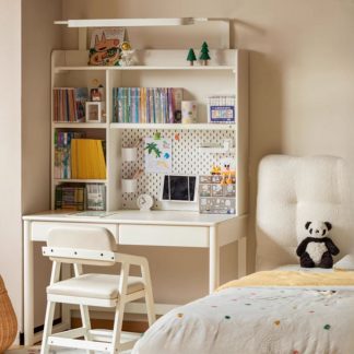 "Chalk Wood Children Computer Desk with Wooden Legs, Storage, and Compartment Drawer"