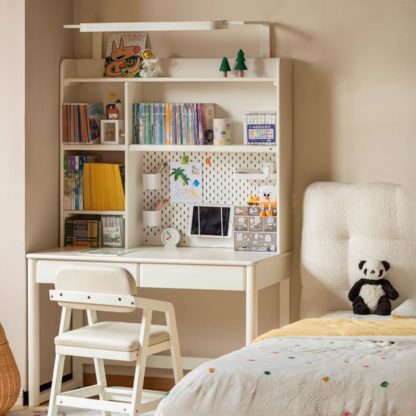 "Chalk Wood Children Computer Desk with Wooden Legs, Storage, and Compartment Drawer"