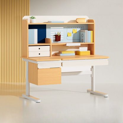 "Adaptable Height Natural Finish Kids Computer Desk with Locker, Shelf, Compartment, Hutch, and Ergonomic Design"