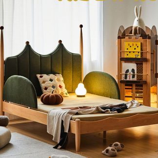 "Timber Standard Children Bed with Polyester Blend Upholstery, Panel Headboard, Coir Mattress, Detachable Guardrails, Gender Neutral"