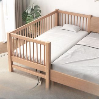 "Natural Finish Art Deco Style Standard Kids Bed in Natural Wood with Guardrail for Gender Neutral Use"