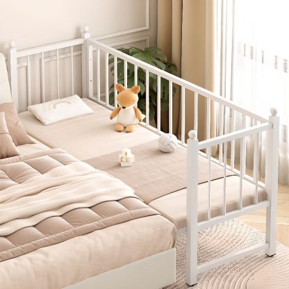 "Contemporary Iron Panel Standard Children Bed with Coir Mattress and Neutral Gender Guardrail"