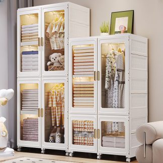 "White Polymer Children Armoire with Shelf, Clothing Rod, Door"